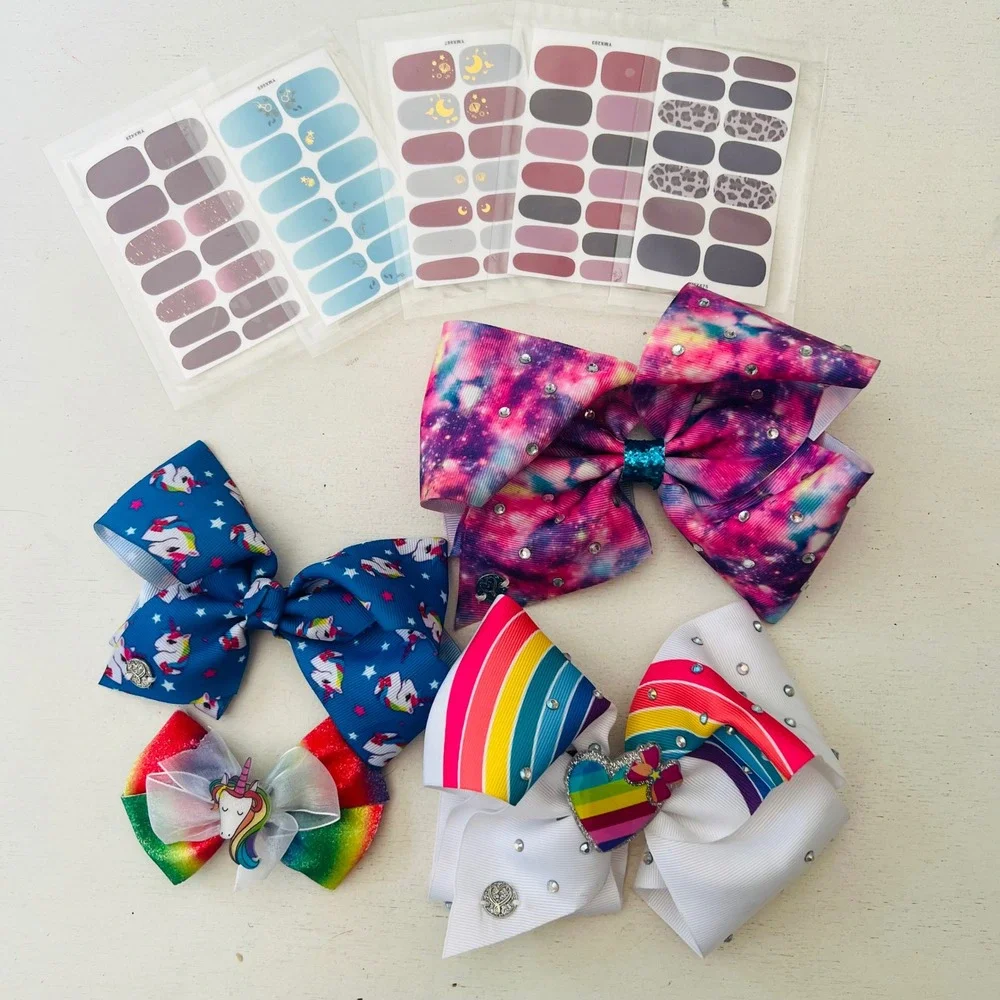 JoJo Siwa Hair Bow Bundle with Galaxy Rainbow Unicorn Designs & Nail Wraps